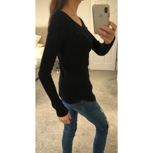 NWT Aqua Black Cashmere Henley Waffle Sweater - XS - Picture 5 of 7